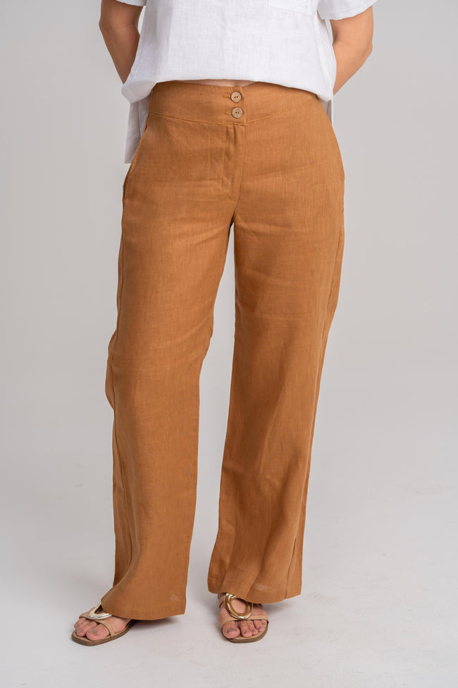 Pantalon de lino de mujer café