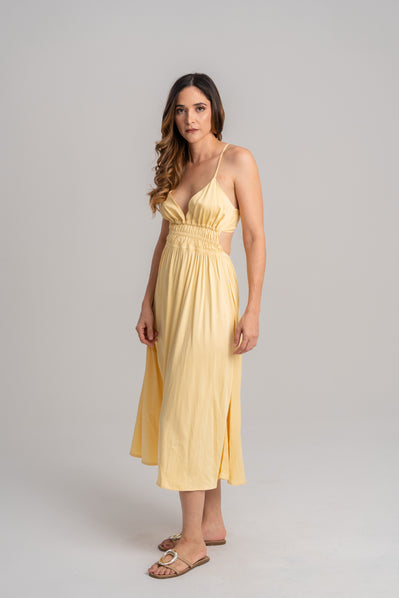 Vestido amarillo elegante espalda destapada