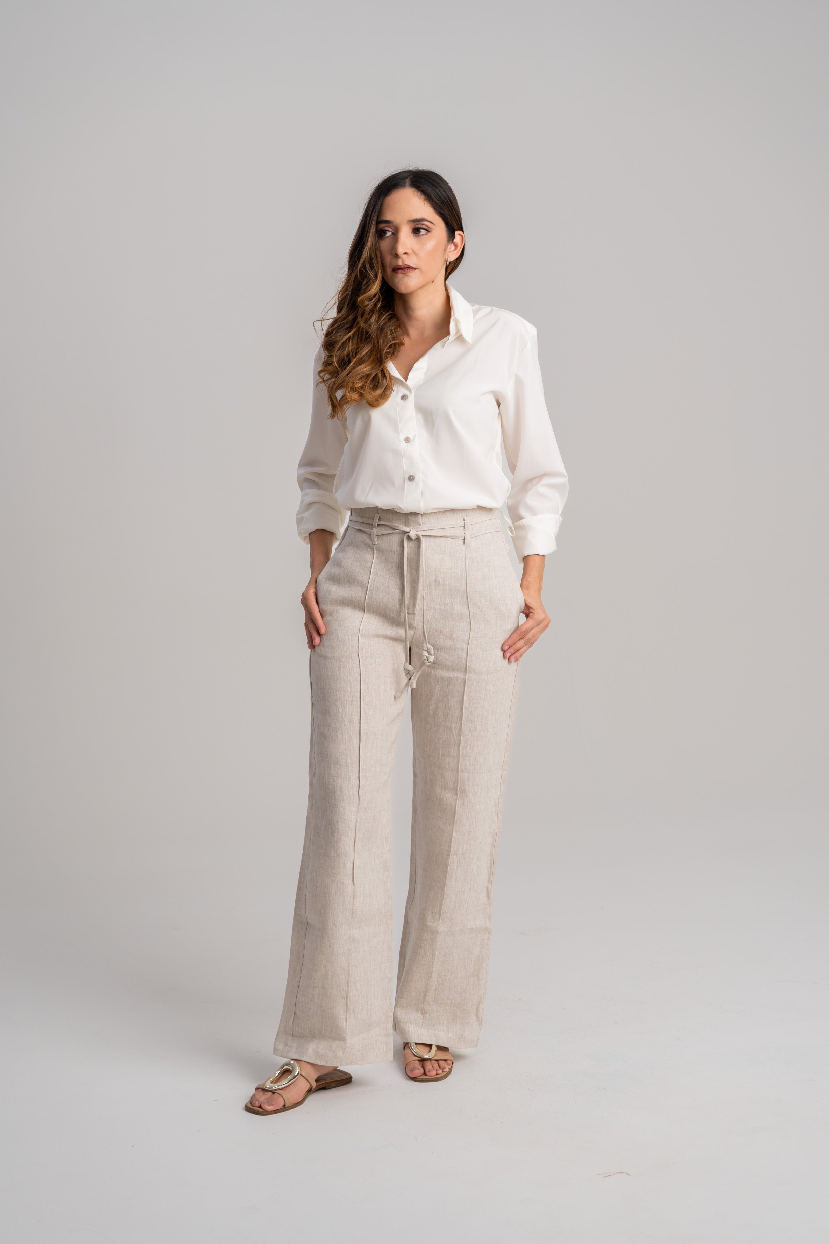 Pantalón de lino mujer bota ancha beige