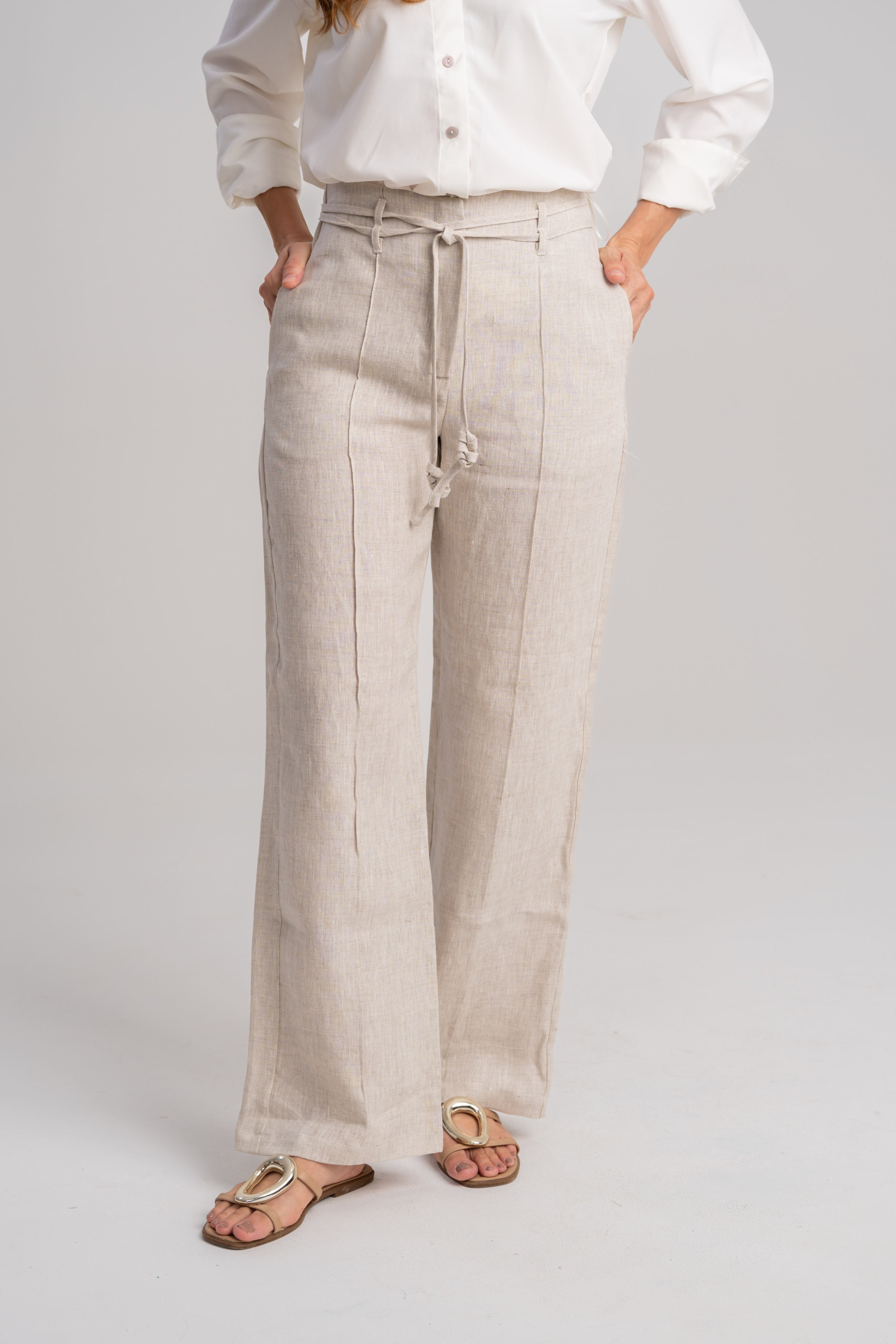 Pantalón de lino mujer bota ancha beige