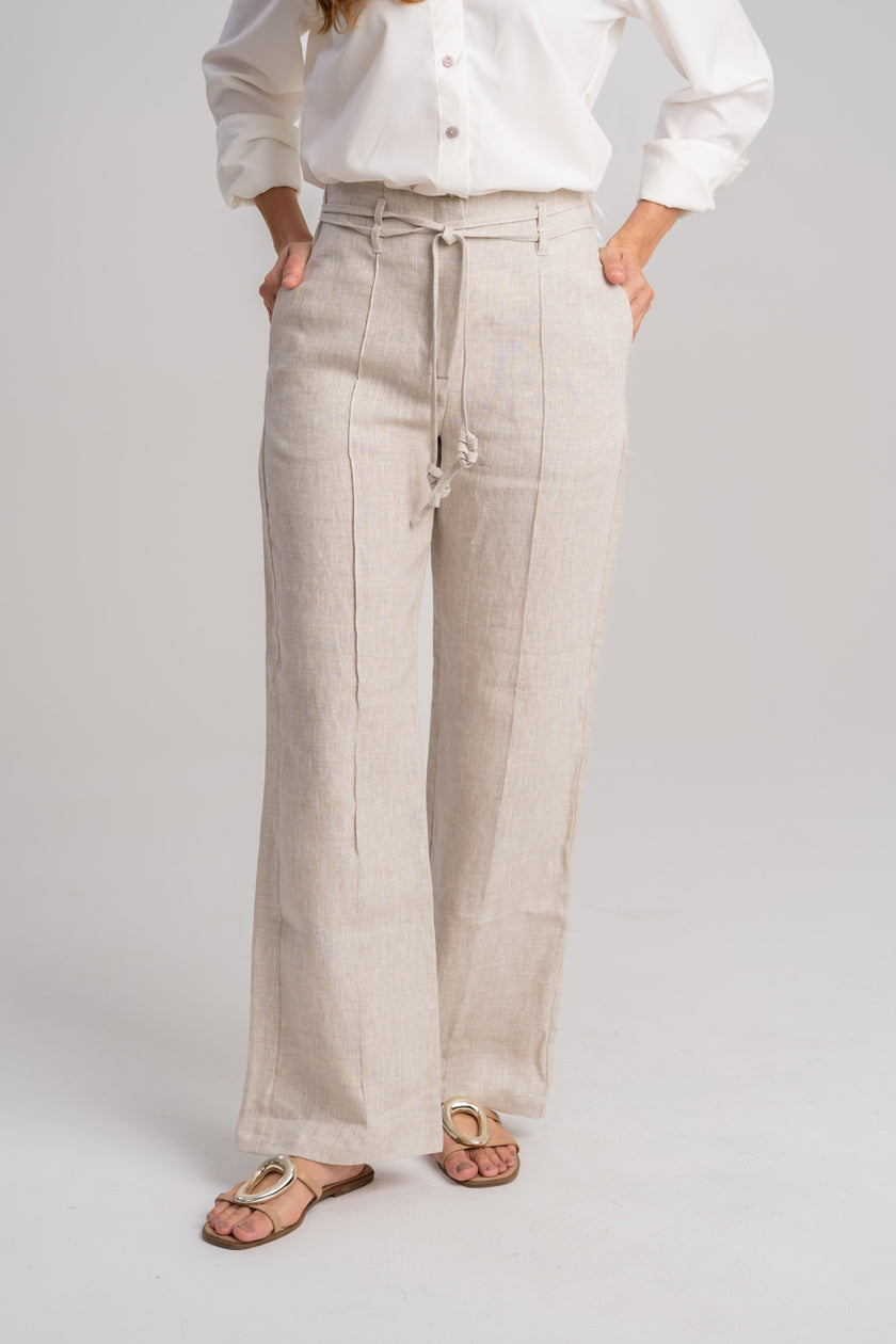 Pantalón de lino mujer bota ancha beige