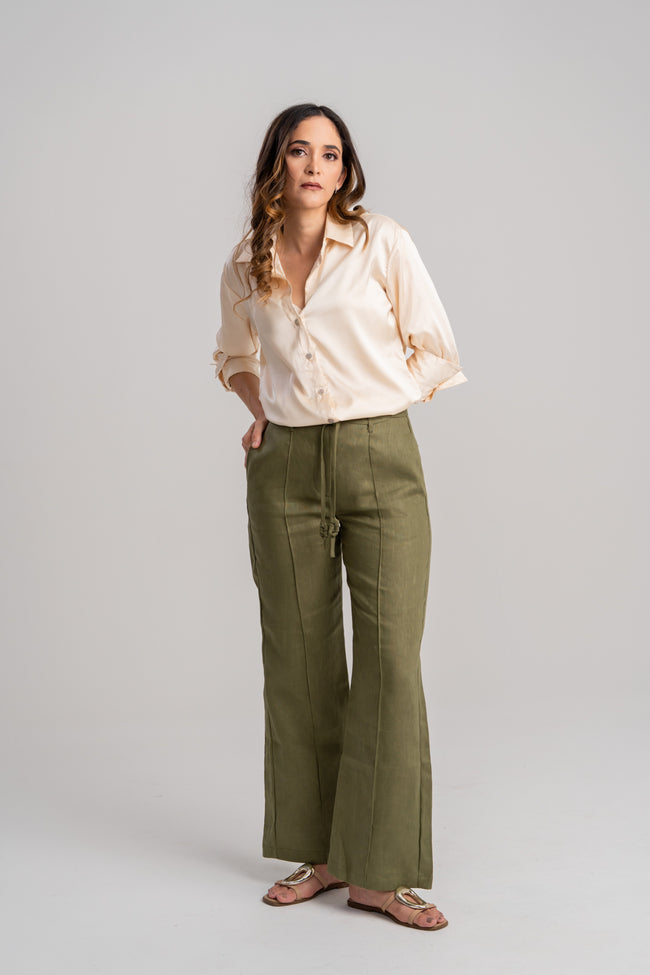 Pantalón de lino mujer bota ancha verde