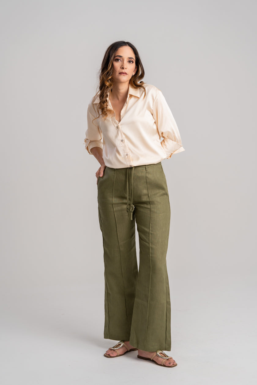 Pantalón de lino mujer bota ancha verde
