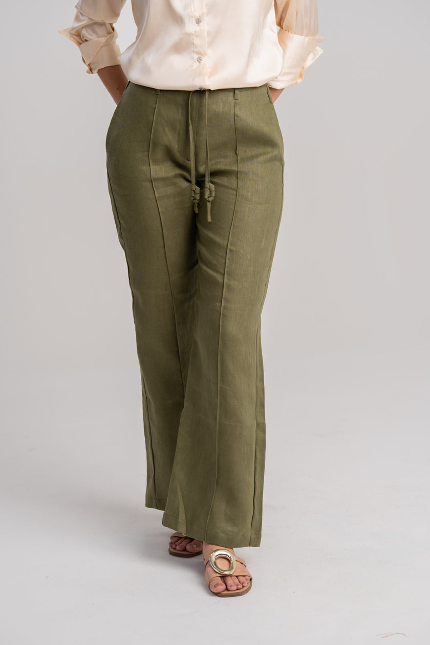 Pantalón de lino mujer bota ancha verde