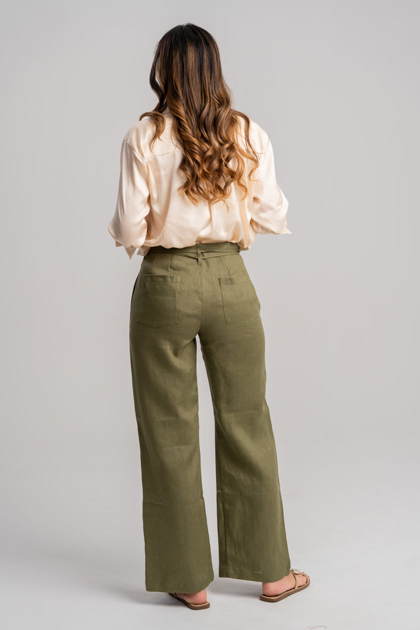 Pantalón de lino mujer bota ancha verde