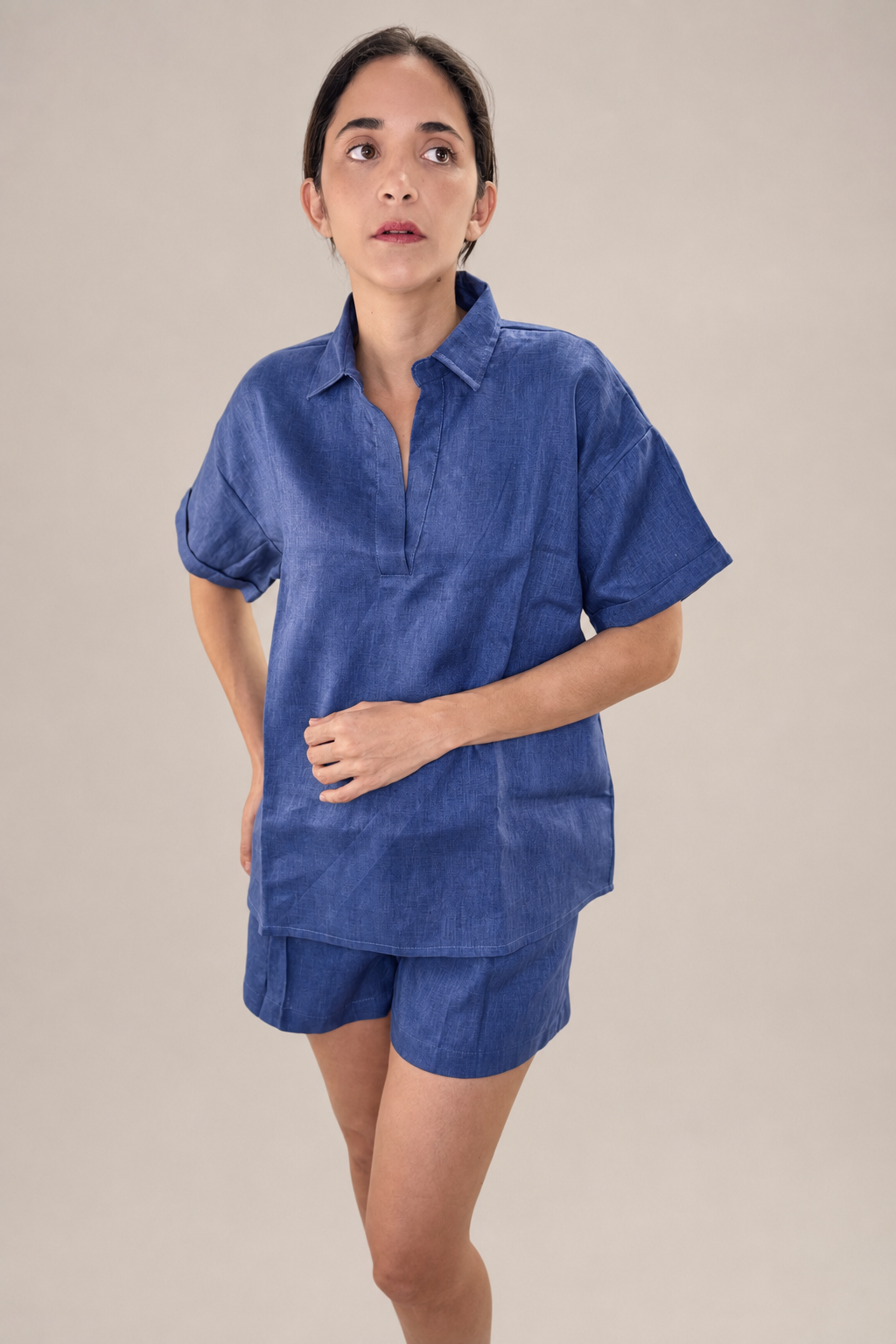 Blusa azul mujer lino