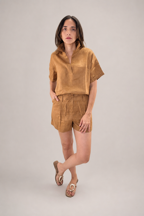 Blusa café mujer lino