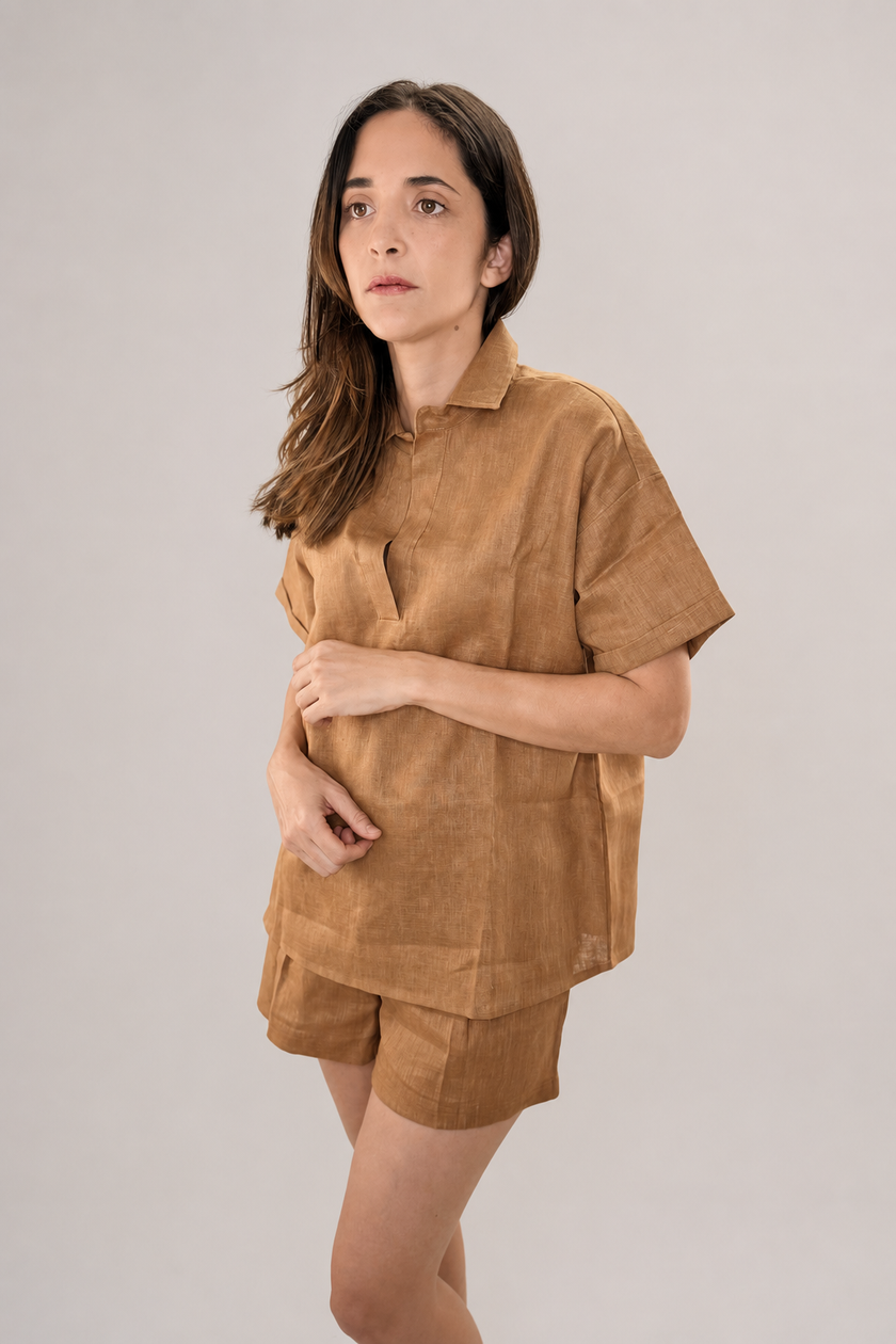Blusa café mujer lino