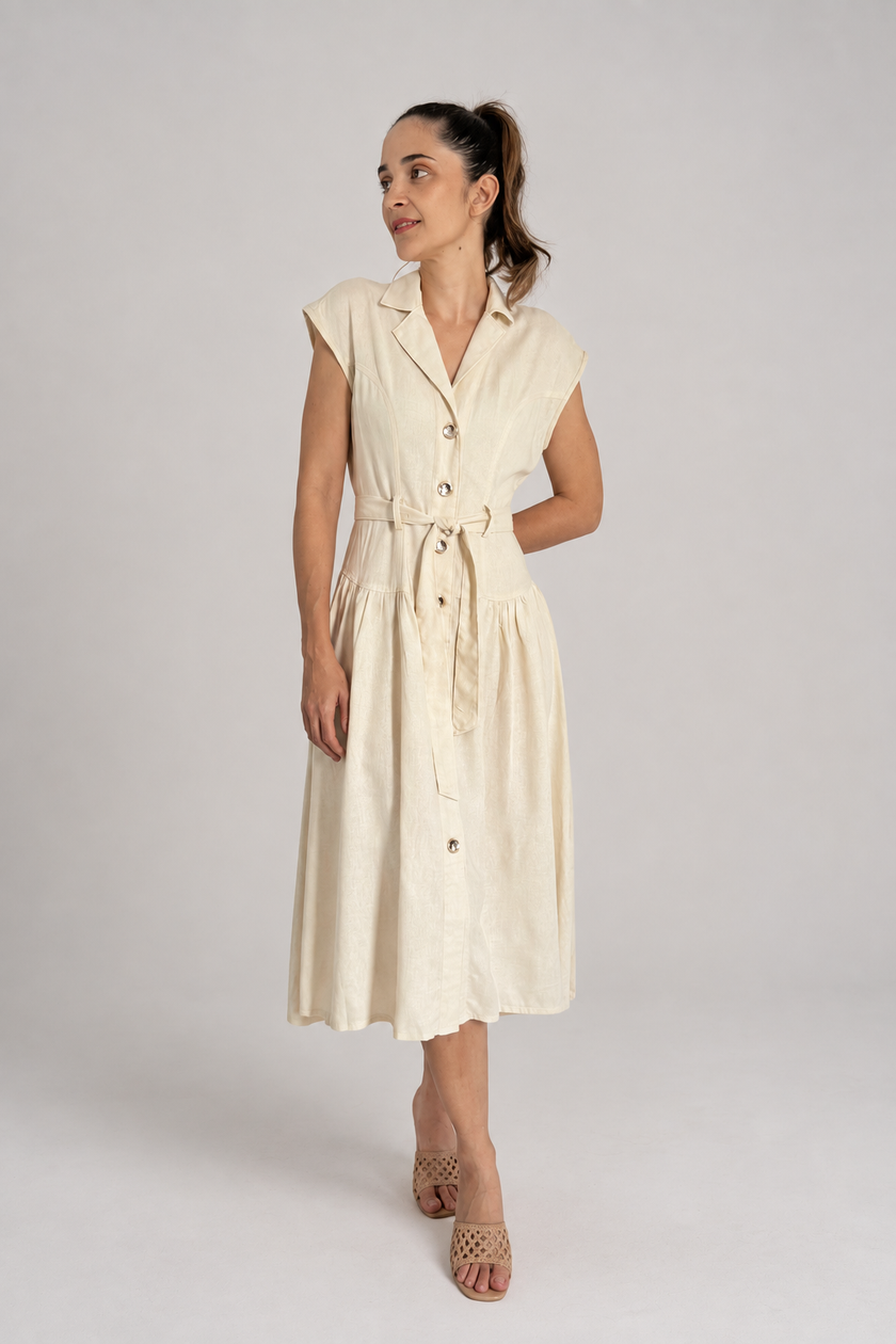 Vestido lino beige midi